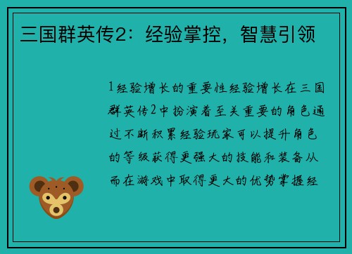 三国群英传2：经验掌控，智慧引领